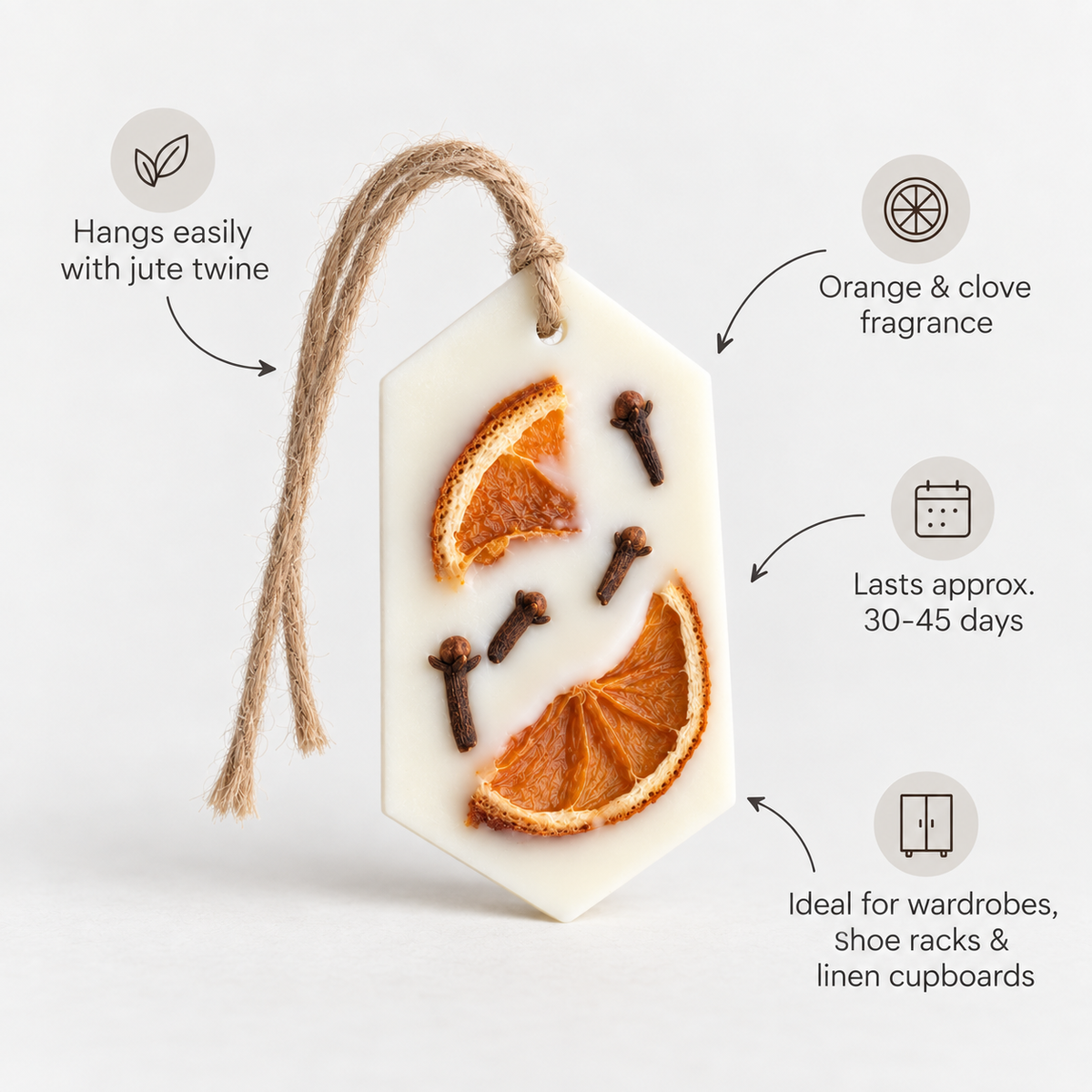 Orange and Clove scented wax sachet with jute twine, orange fragrance and 30 to 45 day scent life