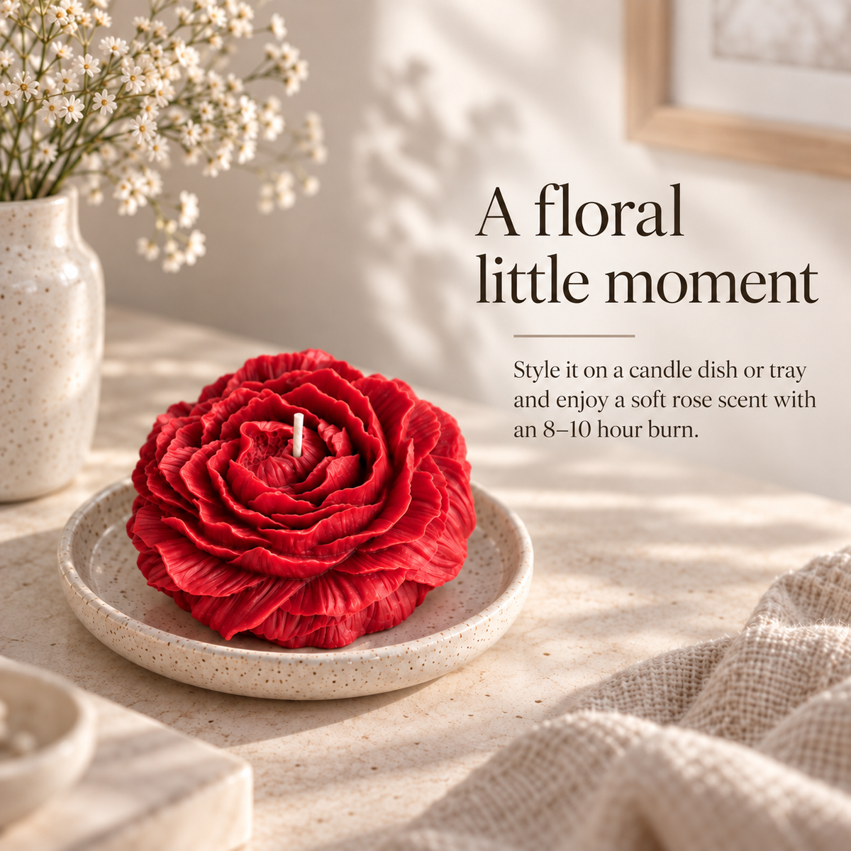 Peony Flower Soy Wax Candle styled on a ceramic dish with floral lifestyle messaging