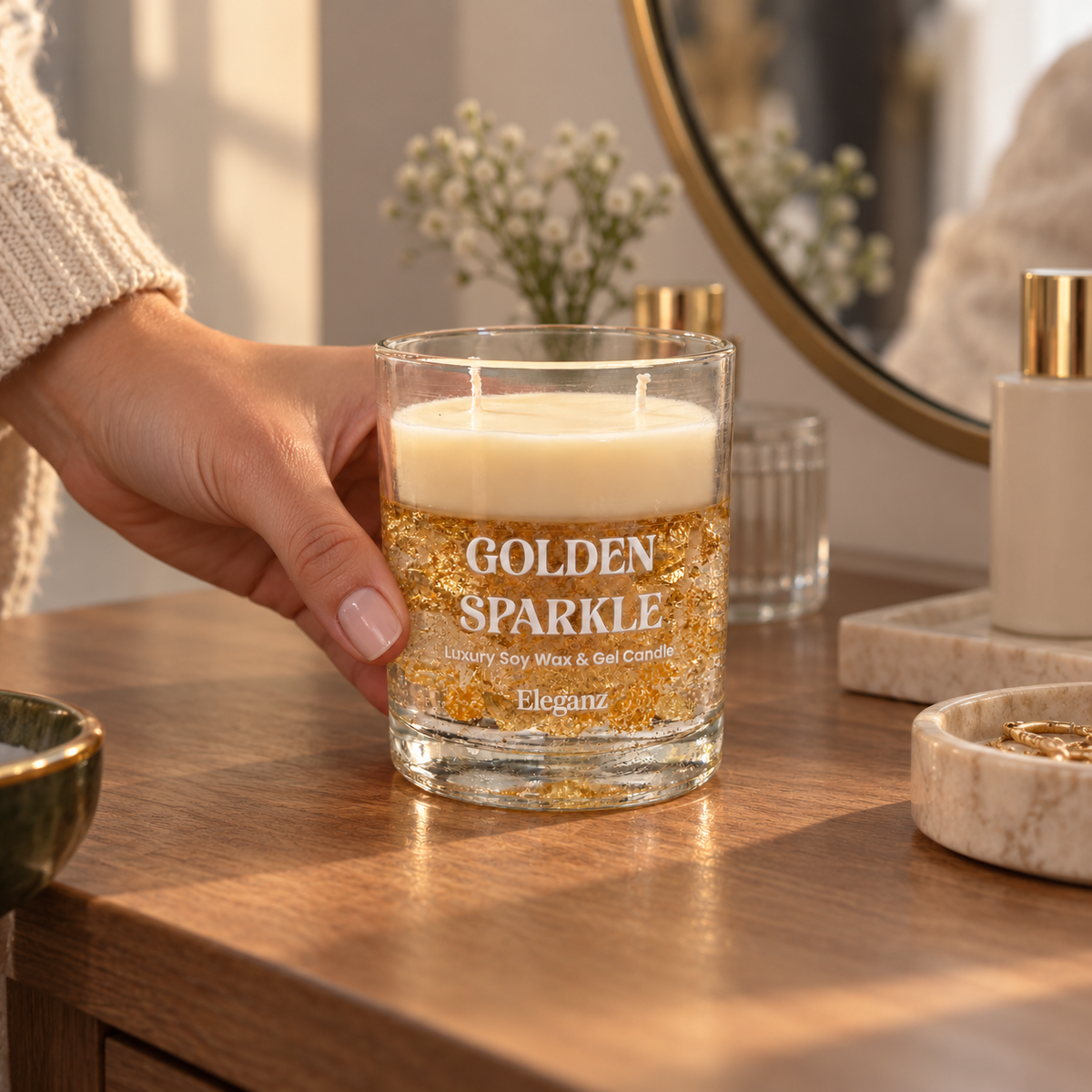 Golden Sparkle candle being placed on a dressing table in a natural home setting
