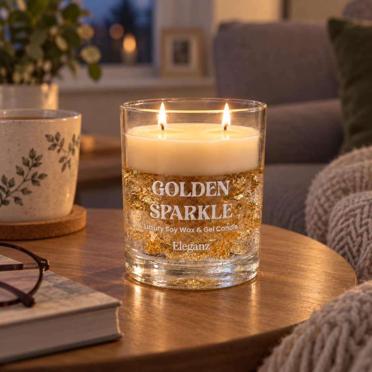 Golden Sparkle two-wick candle lit on a side table during a quiet evening