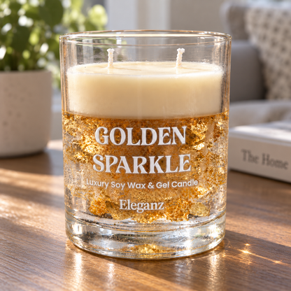 Golden Sparkle soy wax and gel candle showing gold flakes in natural daylight