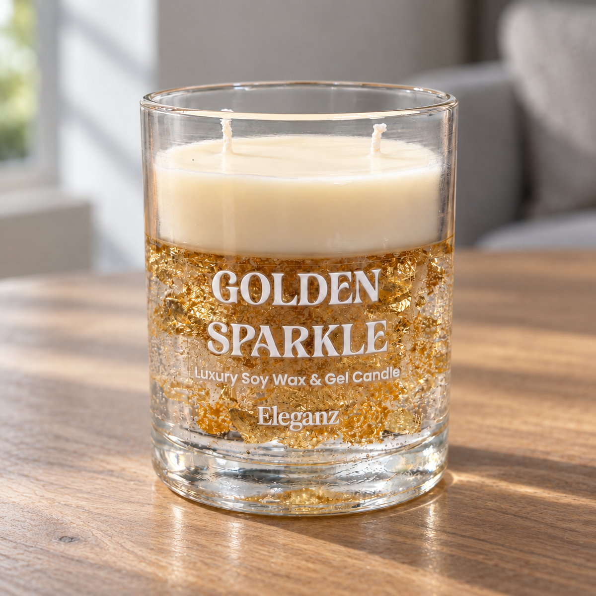 Golden Sparkle soy wax and gel candle with two wicks and gold flake detail