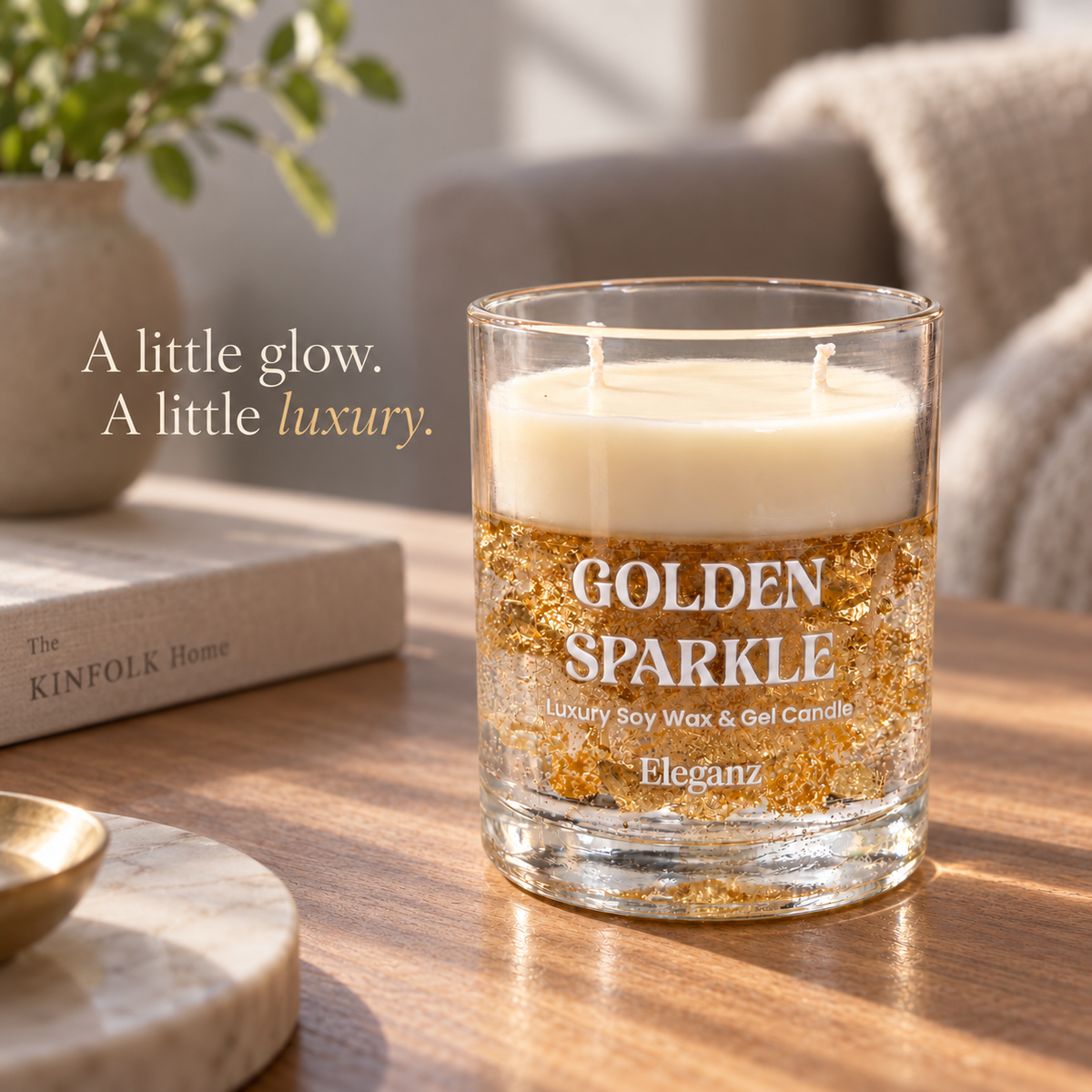 Golden Sparkle soy wax and gel candle styled with the message A little glow A little luxury