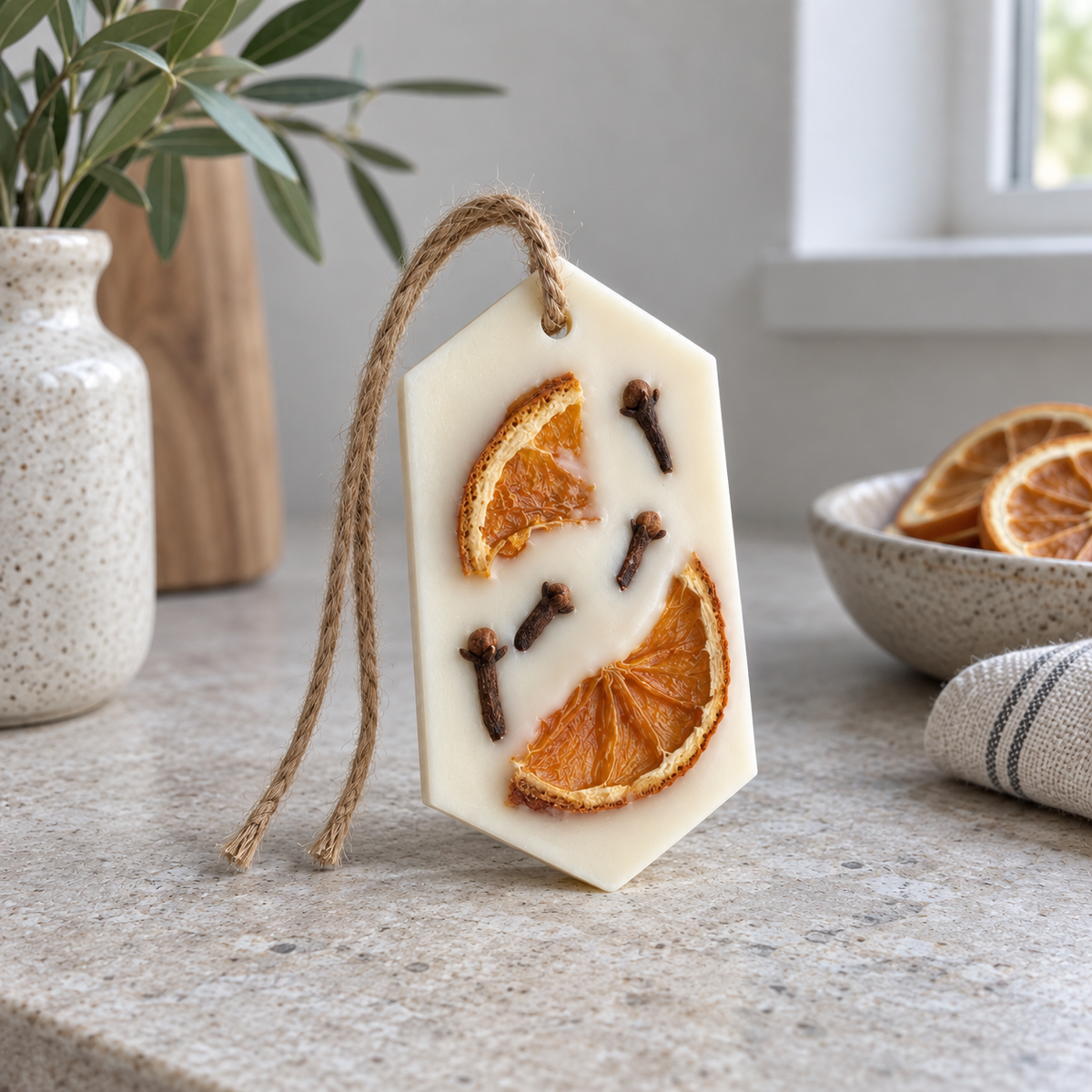 Orange and Clove scented wax sachet with wax orange details and jute twine