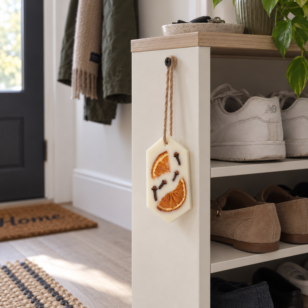 Orange and Clove scented wax sachet hanging beside shoe storage