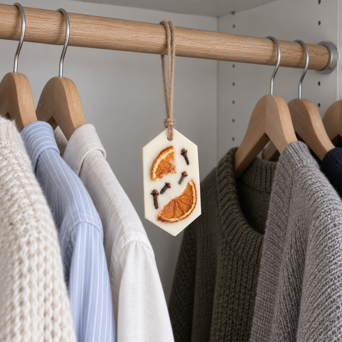 Orange and Clove scented wax sachet hanging inside a wardrobe