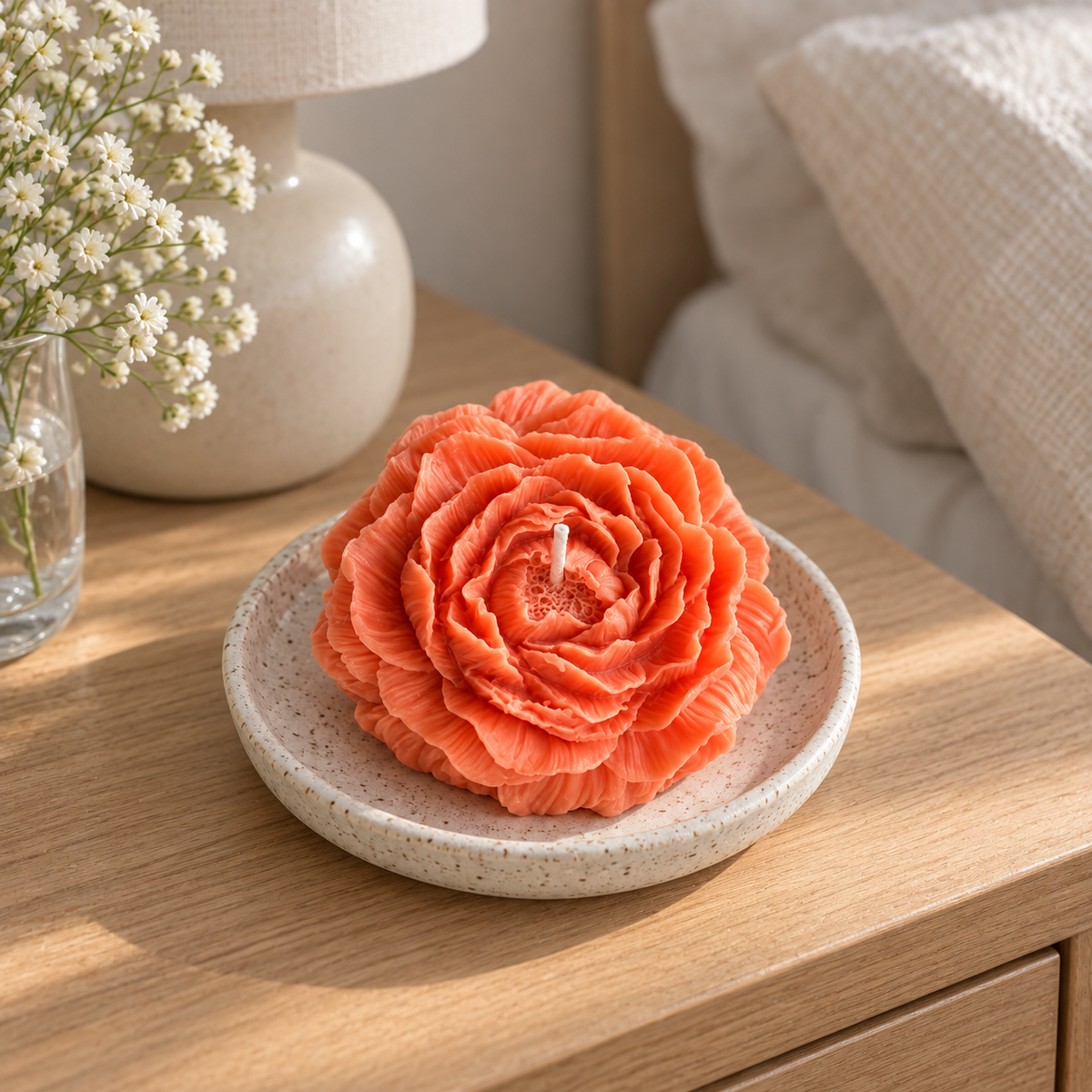Peach Peony Flower Soy Wax Candle styled on a bedside table with visible wick