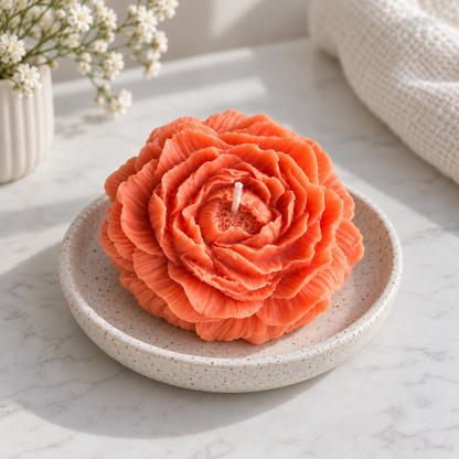Close-up of Peach Peony Flower Soy Wax Candle on a ceramic dish with visible wick