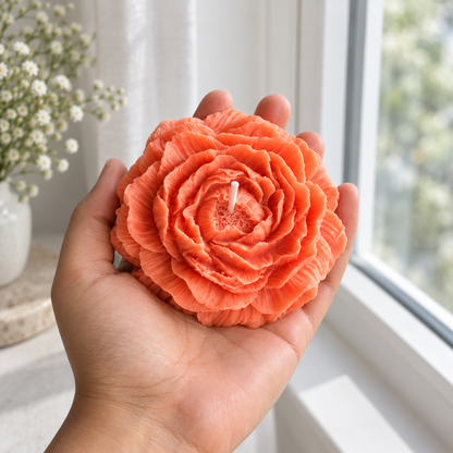 Peach Peony Flower Soy Wax Candle held by hand beside a window with visible wick