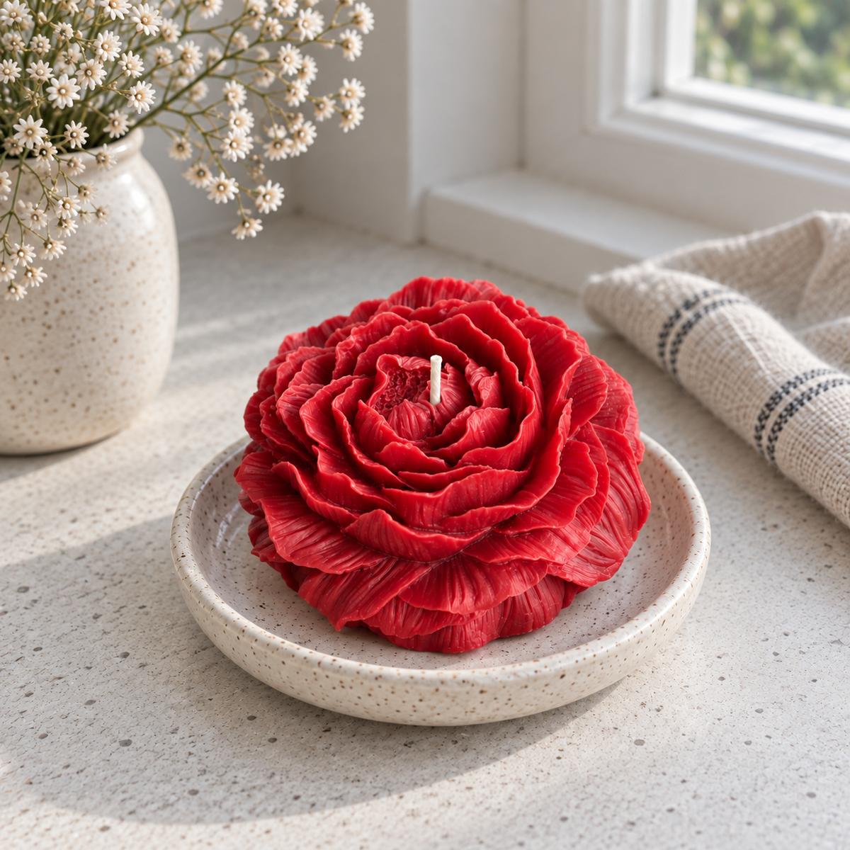 Peony Flower Soy Wax Candle in red with a single wick on a ceramic candle dish