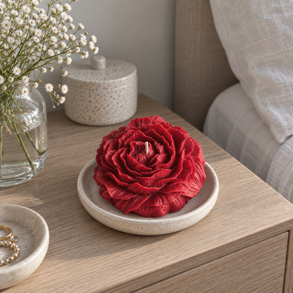 Peony Flower Soy Wax Candle styled on a bedside table as floral home decor