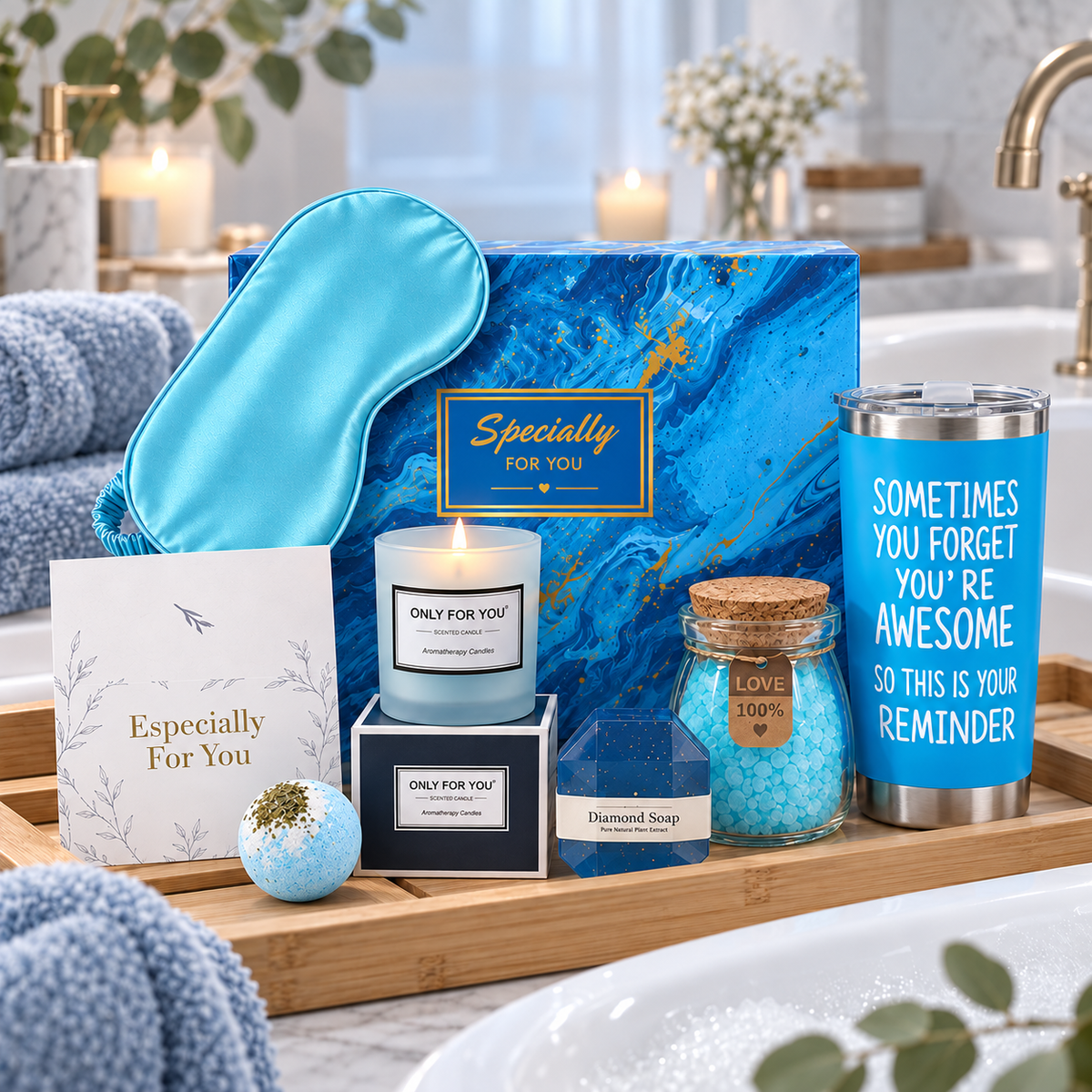 Relax & Unwind Gift Box styled beside a bath with candle and pampering treats