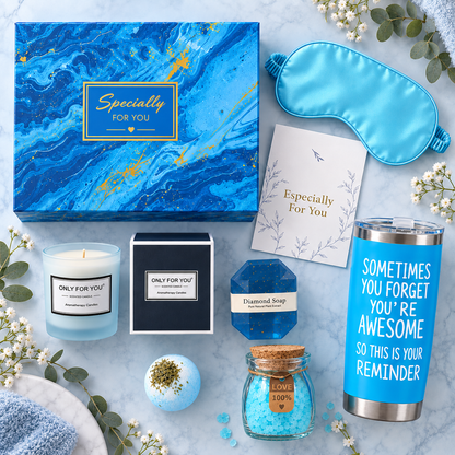 Relax & Unwind Gift Box contents including tumbler, sleep mask, candle and bath treats
