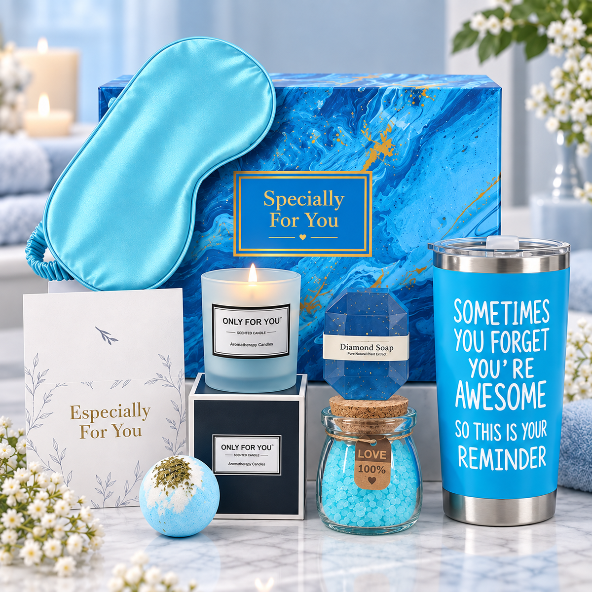 Relax & Unwind Gift Box with tumbler, sleep mask, candle and bath treats