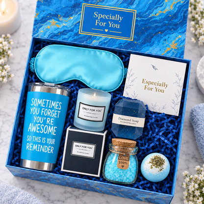 Open Relax & Unwind Gift Box with blue packaging and self-care gifts inside