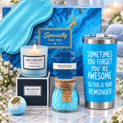 Close-up of Relax & Unwind Gift Box with tumbler, diamond soap, candle and bath salts