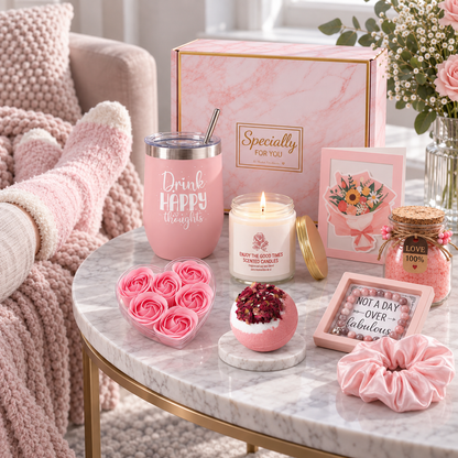 Self-care gift for her with candle, tumbler and bath treats