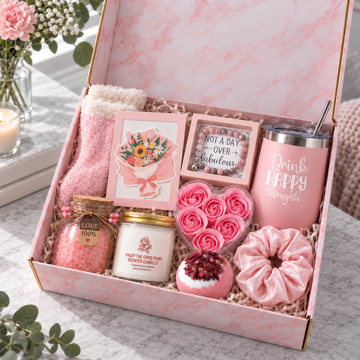 Open Specially for Her gift box showing self-care gifts inside