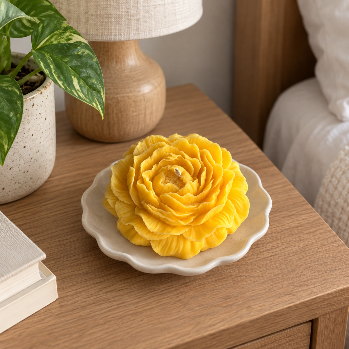 Yellow Peony Flower Soy Wax Candle styled on a bedside table with visible wick